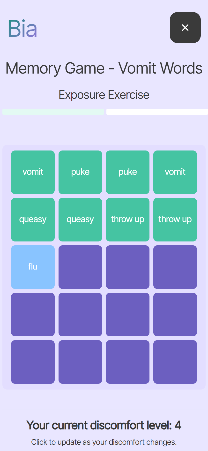 A memory game in progress, on the client's phone