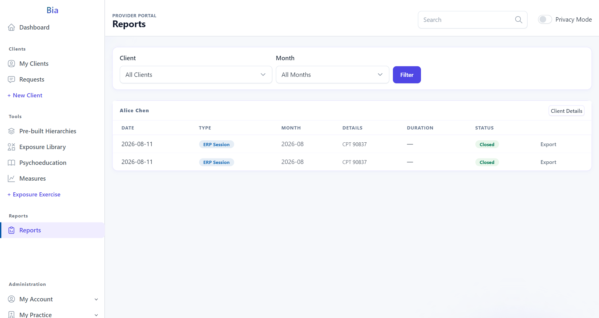 Exportable reports