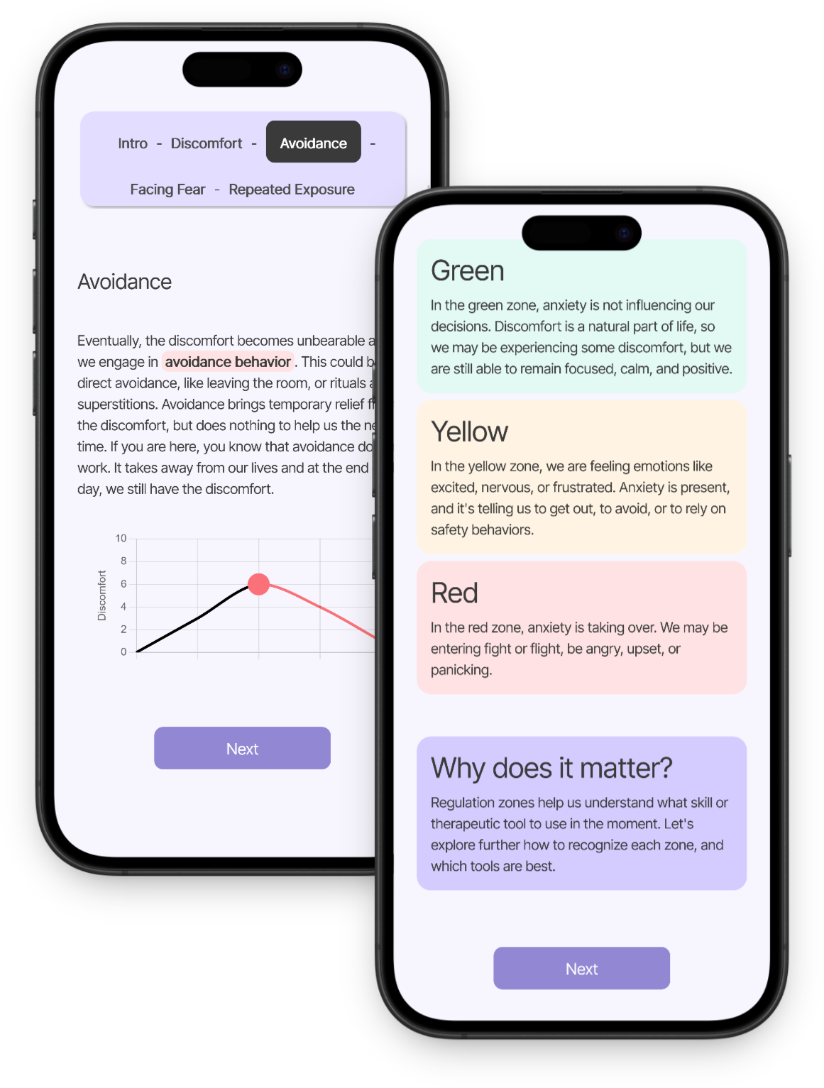 Una schermata di Bia che dice "A che punto sei del tuo viaggio nell'emetofobia?" e diverse opzioni per rispondere.