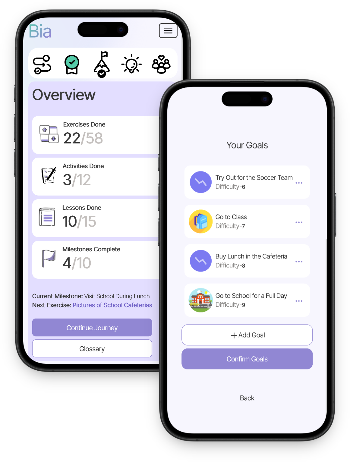Una schermata di Bia che dice "A che punto sei del tuo viaggio nell'emetofobia?" e diverse opzioni per rispondere.